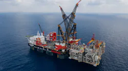 The Sleipnir installing the Leviathan platform topsides offshore Israel.
