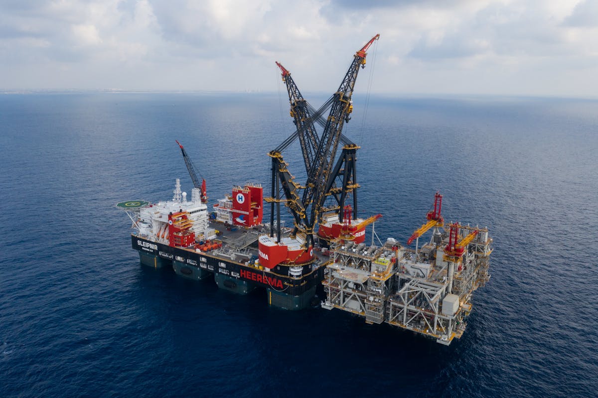 The Sleipnir installing the Leviathan platform topsides offshore Israel.