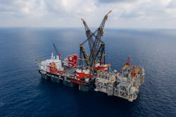 The Sleipnir installing the Leviathan platform topsides offshore Israel. The Sleipnir installing the Leviathan platform topsides offshore Israel.