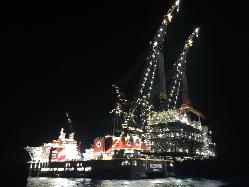 The Sleipnir installing the 15,300-metric ton Leviathan topsides for Noble Energy in the eastern Mediterranean Sea.