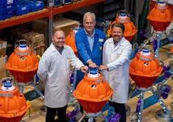 Norske Shell’s HSE Advisor, Mats Hauge, Sonardyne’s Senior Project Manager, Nick Street, and Norske Shell’s Senior Project Surveyor, Tomas Frafjord, inspect the first batch of fetch pressure monitoring transponders heading to the Ormen Lange field. Norske Shell’s HSE Advisor, Mats Hauge, Sonardyne’s Senior Project Manager, Nick Street, and Norske Shell’s Senior Project Surveyor, Tomas Frafjord, inspect the first batch of fetch pressure monitoring transponders heading to the Ormen Lange field.
