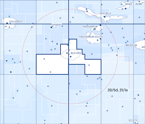 License P2498 blocks 20/5a and 21/1a contains the Buchan oil field, the J2 (well 20/5a-10Y) oil discovery, the Buchan Andrew oil discovery, and the Capri prospect.