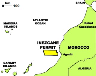 The Inezgane Offshore exploration permit is in the Agadir basin in water depths of 600-2,000 m (1,968-6,562 ft) off Morocco.