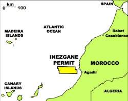 The Inezgane Offshore exploration permit is in the Agadir basin in water depths of 600-2,000 m (1,968-6,562 ft) off Morocco. The Inezgane Offshore exploration permit is in the Agadir basin in water depths of 600-2,000 m (1,968-6,562 ft) off Morocco.