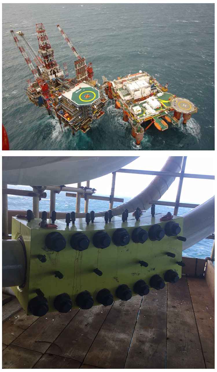 Above: Shell's Nelson platform in the UK central North Sea. Below: Morseal enclosure clamp on the outer diameter of a riser connected to the Nelson platform.