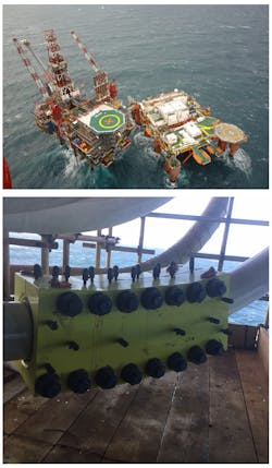 Above: Shell's Nelson platform in the UK central North Sea. Below: Morseal enclosure clamp on the outer diameter of a riser connected to the Nelson platform. Above: Shell's Nelson platform in the UK central North Sea. Below: Morseal enclosure clamp on the outer diameter of a riser connected to the Nelson platform.