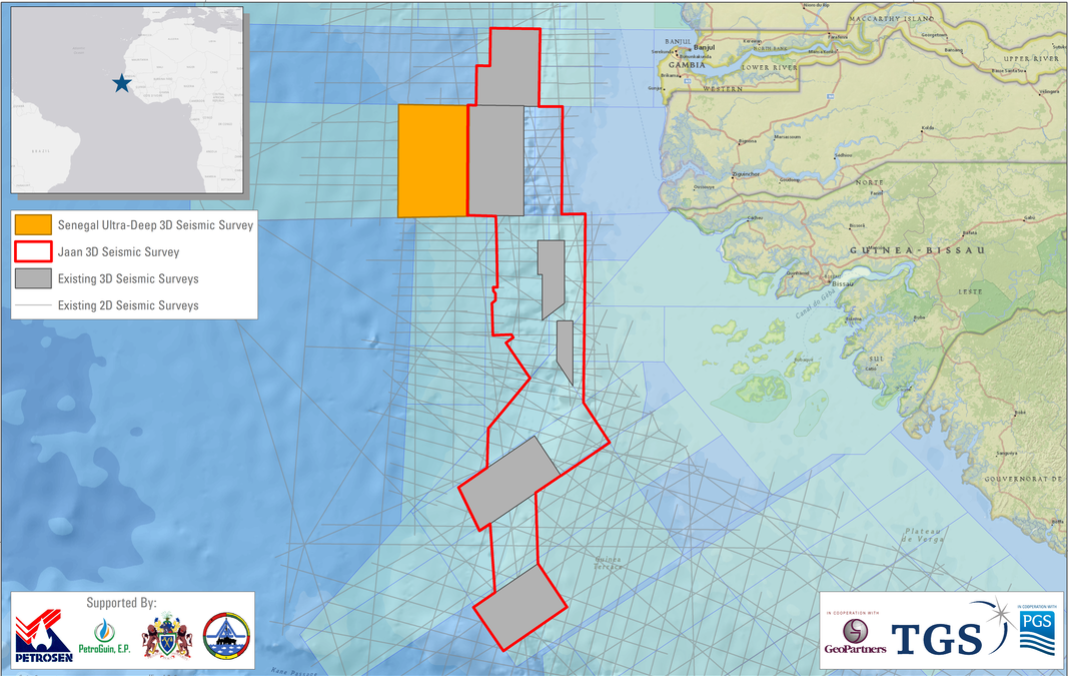 Senegal Ultra-Deep 3D seismic survey over the MSGBC basin offshore northwest Africa.