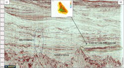 3D seismic line of the Punta del Este basin showing late Aptian fan with amplitude anomaly and gas chimney. 3D seismic line of the Punta del Este basin showing late Aptian fan with amplitude anomaly and gas chimney.