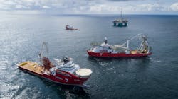 Subsea 7 vessels Seven Oceans and Skandi Acergy at the Nova field in the Norwegian North Sea. Subsea 7 vessels Seven Oceans and Skandi Acergy at the Nova field in the Norwegian North Sea.