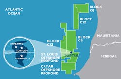 The Greater Tortue/Ahmeyim development area offshore Senegal and Mauritania. The Greater Tortue/Ahmeyim development area offshore Senegal and Mauritania.