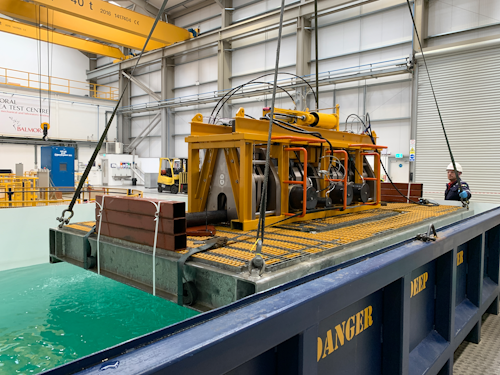 Allspeeds’ intervention tool is lowered into the submersion test tank.