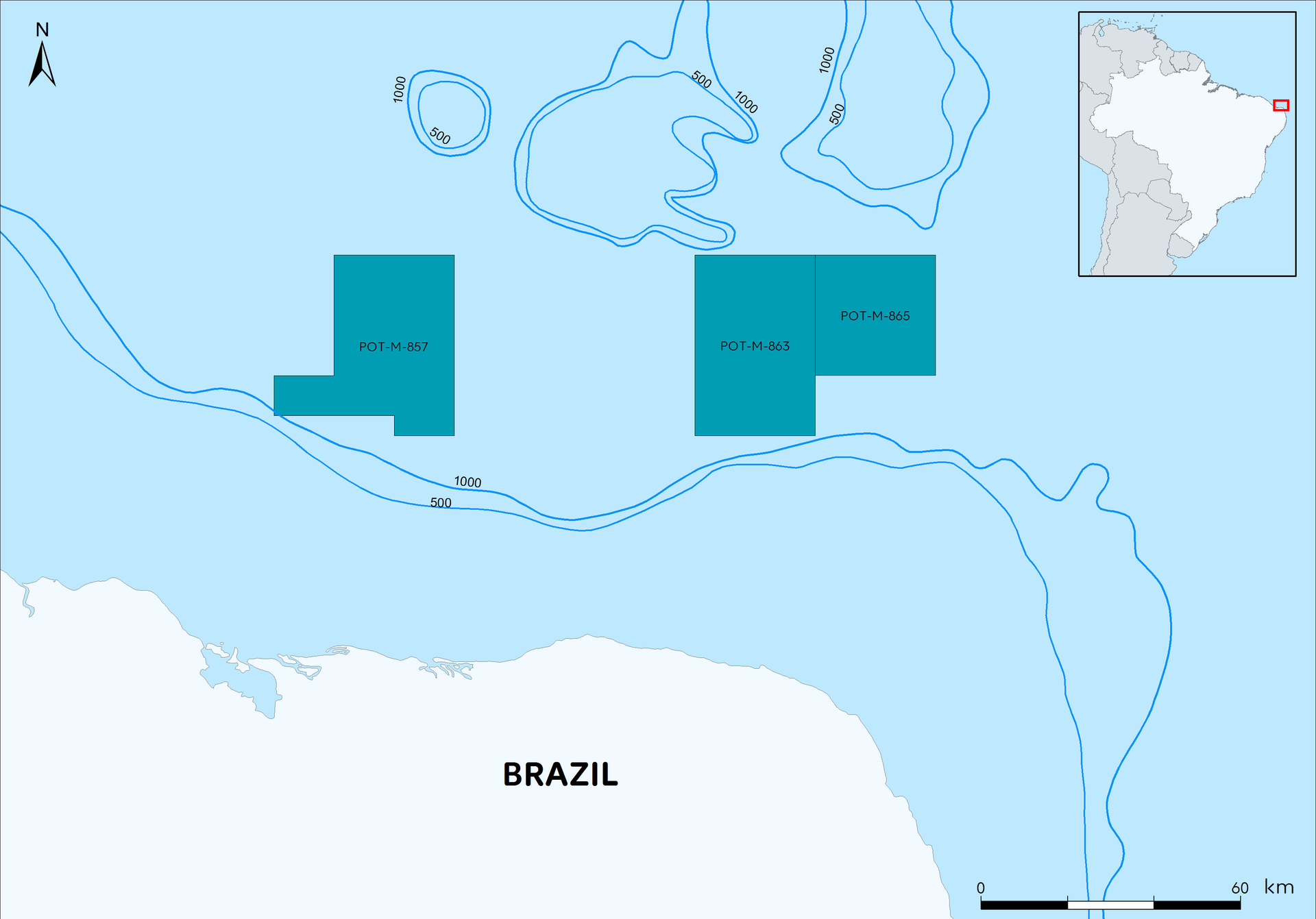 Blocks POT-M-857, POT-M-863, and POT-M-865 in the Potiguar basin offshore northeastern Brazil.