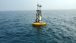 Seawatch Wind LiDAR buoy performing site-specific wind resource assessments. Seawatch Wind LiDAR buoy performing site-specific wind resource assessments.