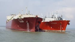 The Q-Flex LNG vessel Al Thumama (left) and FSRU Excellence (right) offshore Bangladesh. The Q-Flex LNG vessel Al Thumama (left) and FSRU Excellence (right) offshore Bangladesh.