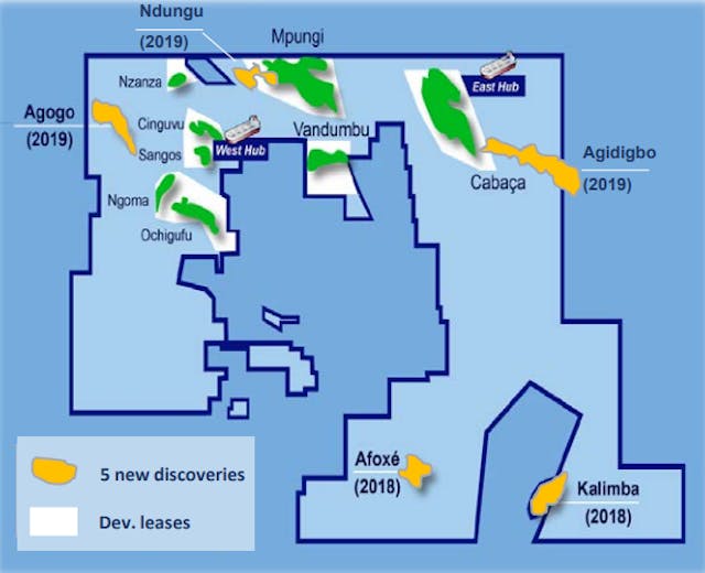 Location of the five recent discoveries in block 15/06 offshore Angola.