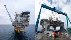 The Martin Linge platform (left) in the North Sea and the Njord A platform at Kværner Stord. The Martin Linge platform (left) in the North Sea and the Njord A platform at Kværner Stord.