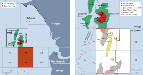 Location of The Gambia licences (left) and A2 and A5 prospects and leads (right).