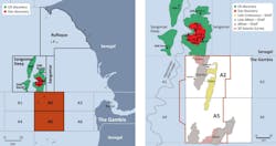 Location of The Gambia licences (left) and A2 and A5 prospects and leads (right). Location of The Gambia licences (left) and A2 and A5 prospects and leads (right).