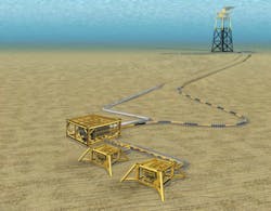 Finlaggan field development concept, schematic of subsea layout. Finlaggan field development concept, schematic of subsea layout.