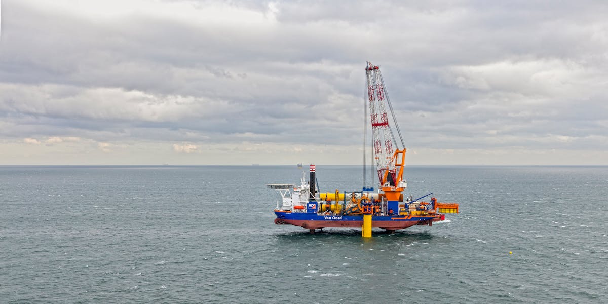 The Aeolus installing the first monopile for the Borssele III and IV offshore wind farm in the Dutch North Sea.