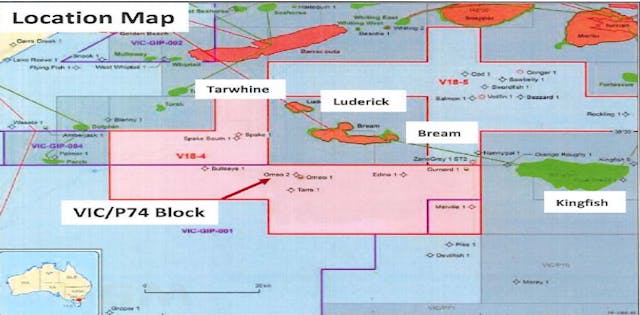 Location of the VIC/P74 permit in the Gippsland basin offshore southeast Australia.