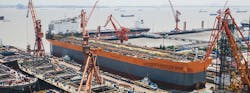 The FPSO Liza Unity is under construction at the Shanghai Waigaoqiao Shipbuilding and Offshore Co. shipyard in China.