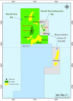 The Inthanin, Yothaka East, and Krissana prospects in the North Kra (Manora) production area in the Gulf of Thailand. The Inthanin, Yothaka East, and Krissana prospects in the North Kra (Manora) production area in the Gulf of Thailand.