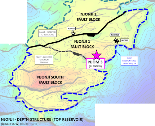 Location of the proposed NJOM-3 well on the Njonji structure in the Thali license offshore Cameroon.
