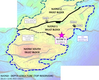 Location of the proposed NJOM-3 well on the Njonji structure in the Thali license offshore Cameroon.