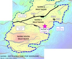 Location of the proposed NJOM-3 well on the Njonji structure in the Thali license offshore Cameroon. Location of the proposed NJOM-3 well on the Njonji structure in the Thali license offshore Cameroon.