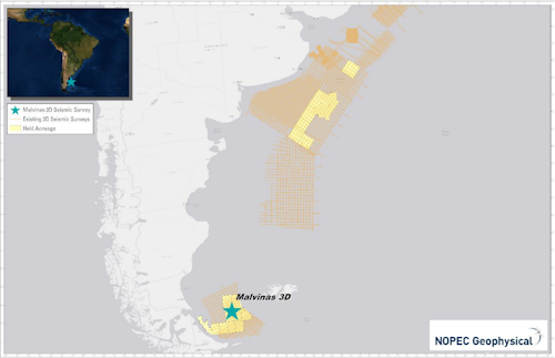 The Malvinas 3D survey will cover about 7,300 sq km (2,819 sq mi) over the Malvinas basin offshore Argentina.