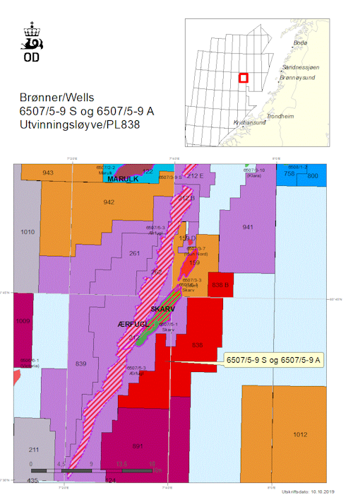 Location of wildcat well 6507/5-9 S and appraisal well 6507/5-9 A on license PL838 in the Norwegian Sea.