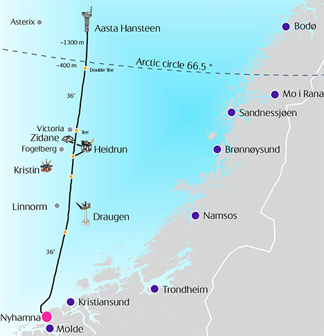 The Polarled gas pipeline route in the Norwegian Sea.