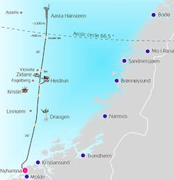 The Polarled gas pipeline route in the Norwegian Sea. The Polarled gas pipeline route in the Norwegian Sea.
