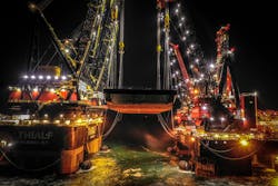 The Balder and Thialf during the QUAD Lift trials at night. The Balder and Thialf during the QUAD Lift trials at night.