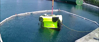 Hydrone-R undergoing endurance trials in open sea in Trieste port, northeast Italy, at daytime.