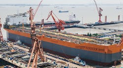 The FPSO Liza Unity is under construction at the Shanghai Waigaoqiao Shipbuilding and Offshore Co. shipyard in China.