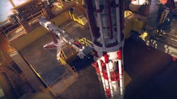 The robotic arm allows all manual work and personnel to be eliminated from the moonpool during the installation operation. The robotic arm allows all manual work and personnel to be eliminated from the moonpool during the installation operation.