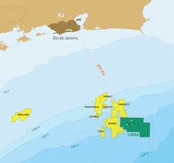 Location of the presalt B&uacute;zios field offshore Brazil.