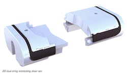 Dual-string interlocking shear ram. Dual-string interlocking shear ram.