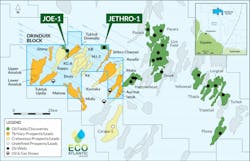 Locations of the Joe-1 and Jethro-1 discovery wells offshore Guyana.