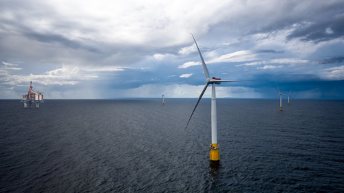 Illustration of the Hywind Tampen project with the Gullfaks field in the background. (Dimensions and distances are not realistic.)