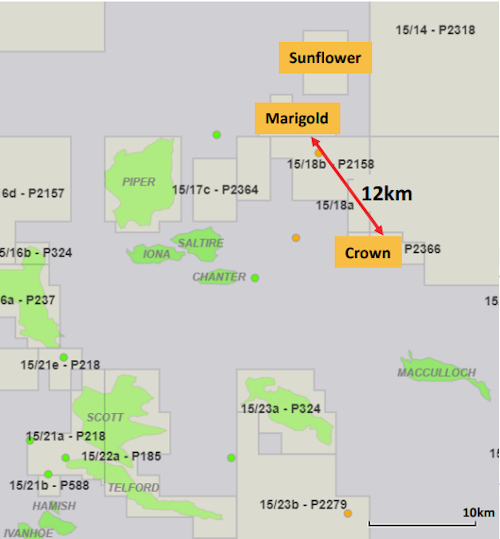 Locations of the Sunflower, Marigold, and Crown fields in the UK central North Sea.