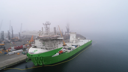 The DP-3 offshore installation vessel Orion at the Liebherr construction yard in the port of Rostock, Germany.