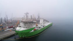 The DP-3 offshore installation vessel Orion at the Liebherr construction yard in the port of Rostock, Germany.
