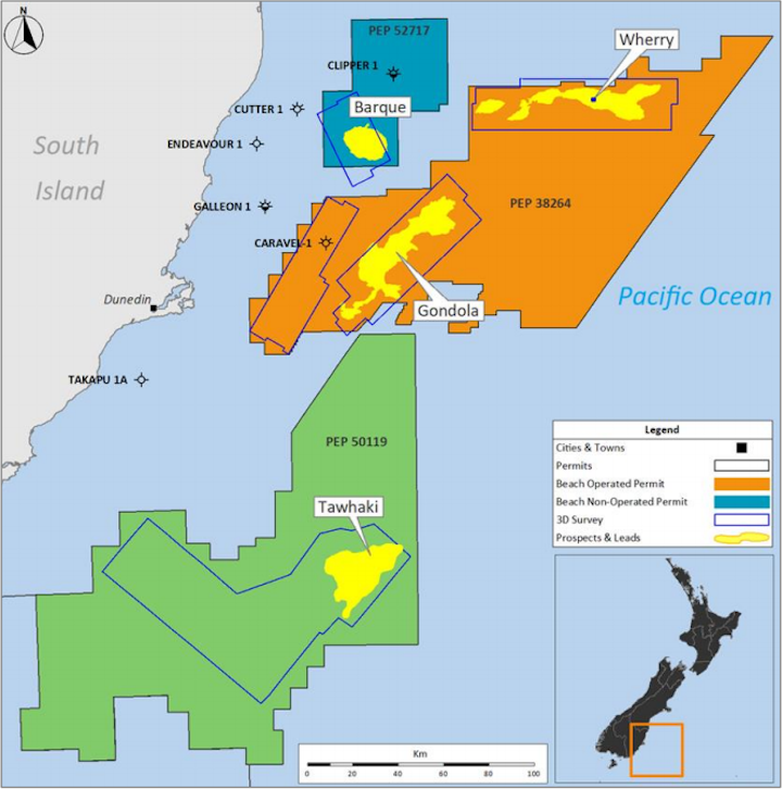 Map of the Great South and Canterbury basins showing the location of PEP50119 and the Tawhaki prospect relative to the Beach-operated PEP38264 permit and the Wherry and Gondola prospects.
