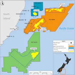 Map of the Great South and Canterbury basins showing the location of PEP50119 and the Tawhaki prospect relative to the Beach-operated PEP38264 permit and the Wherry and Gondola prospects.