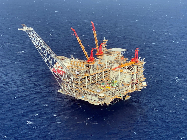 The Leviathan processing platform is 10 km (6.2 mi) offshore Israel.