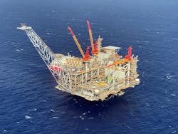 The Leviathan processing platform is 10 km (6.2 mi) offshore Israel.