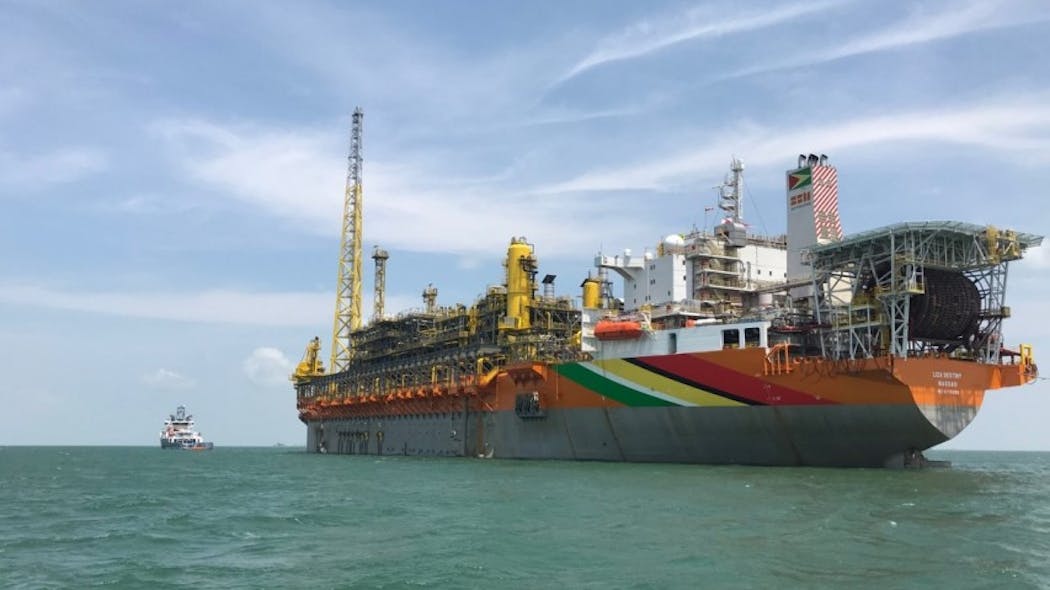 The FPSO Liza Destiny is moored 118 mi (190 km) offshore Guyana, and is connected to four subsea drill centers supporting 17 wells.